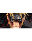 Naruto and Sasuke anime desk pad 36x16 inches with Leaf headband, red splatter, and bold shadows.
