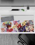 Anime mouse pad 32x16 inches in crisp whites, deep navy, and bright gold accents with a bold heroic vibe.