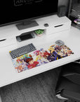 Anime mouse pad 28x12 inches featuring determined heroes with swords up and playful side characters in action.