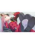 Mouse pad featuring Zero Two from Darling in the Franxx, 40x20 inches, with her lollipop and striking red uniform for a cool, rebellious vibe.