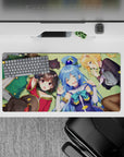 KonoSuba anime mouse pad, 32x16 inches, featuring Megumin, Aqua, Kazuma, and Darkness relaxing under warm golden light.