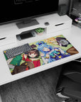 KonoSuba anime mouse pad 32x16 inches, featuring Megumin, Aqua, Kazuma, and Darkness relaxing in a dreamy, peaceful setting.
