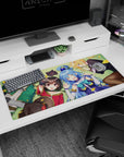 KonoSuba desk pad 36x16 inches, featuring Megumin, Aqua, Kazuma, and Darkness relaxing in a serene, sunlit scene.