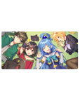 KonoSuba anime mouse pad 32x16 inches; features Kazuma, Aqua, Megumin, and Darkness in a tranquil, sunlit scene.