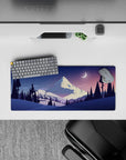 28x12 inches mouse pad with snowy mountain landscape, perfect for a smooth, calming, and elegant workspace aesthetic.
