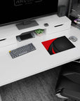 Artistic 14x10 inches mouse pad with Red Precision design, blending red curves and textured black backdrop with diamond patterns for a professional aesthetic.