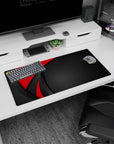 Modern 32x16 inches mouse pad featuring Red Precision design, with deep red curves and textured black backdrop with diamond patterns for a stylish workspace.
