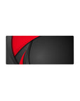 Mouse pad featuring Red Precision design, 28x12 inches, with deep red curves and black backdrop with diamond patterns for a stylish workspace.