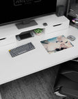Ivory-haired cat-eared anime girl with blue eyes on a skyline scene mouse pad 14x10 inches.
