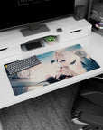 Shy blue-eyed cat-eared anime girl in flowing ribbons before a clocktower sky, mouse pad 32x16 inches.