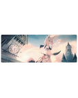 32x12 inches anime girl mouse pad with cat ears, ribbons, pastel clouds, clocktower and castle skyline.