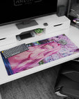 Artistic 36x16 inches mouse pad featuring Zero Two with pink cherry blossoms and dreamy light effects for a serene, romantic touch.