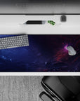Moody navy and smoky purple desk pad 36x16 inches with soft pink nebula for cozy late nights.