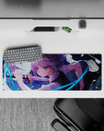 32x12 inches anime girl mouse pad in cool blues and violet hair tones, electric action mood, sharp highlights.