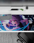 36x16 inches anime desk pad in cool blues and violet tones, electric battle vibe with sharp glowing highlights.