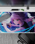 Action anime desk pad 40x20 inches in cool blues and violet tones with sharp highlights and energy.