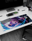 36x16 inches anime girl desk pad showing green-eyed swordswoman mid-strike, wrapped in neon blue energy.
