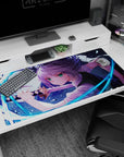 40x20 inches anime desk pad showing green-eyed silver-haired swordswoman amid flying glass shards.