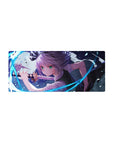 28x12 inches anime girl mouse pad with silver-haired swordswoman, neon blue arcs and flying glass shards.