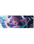32x12 inches anime girl mouse pad with silver-haired heroine, green eyes, sword, neon arcs and shards.