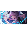 32x16 inches anime girl mouse pad with silver-haired swordswoman, neon blue energy arcs, and glass shards.