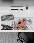 Cozy pastel anime girl mouse pad 32x12 inches in creamy whites, peach tones, and gold-blue accents.