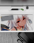 Cozy pastel anime girl mouse pad 32x16 inches in creamy whites, peach tones, with gold-blue accents.