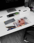 28x12 inches anime girl mouse pad showing a soft silver-haired girl with warm ember eyes and fantasy armor detail.