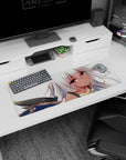 Silver-haired anime girl with ember eyes desk mat mouse pad 32x12 inches, cute fantasy vibe.