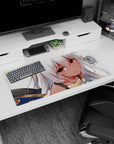 Close-up silver-haired anime girl with warm ember eyes and tiny armored shoulder on 32x16 inches mouse pad.