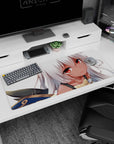 Anime girl with flowing silver hair and glowing ember eyes on a 36x16 inches desk pad, comfort-cute scene.