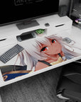 Close-up anime girl scene desk pad 40x20 inches featuring soft silver hair and warm glowing ember eyes.