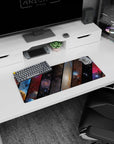 Space train window vibe mouse pad with starry night sky across diagonal stripes, 28x12 inches.