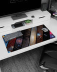 Starry night space scene mouse pad like a cosmic train window view with bright specks, 32x16 inches.