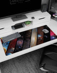 Starry space window-seat vibe desk pad like a cosmic train view, 36x16 inches.