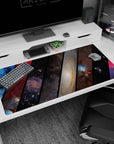 Cosmic train window vibe desk pad 40x20 inches showing starry space across angled collage panels.