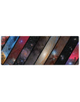 Galaxy collage mouse pad with bold diagonal panels and star-speckled space design, 32x12 inches.