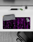 Compact 28x12 mousepad highlights bright pink characters and digital flow for immersive futuristic vibes