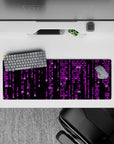 Intense 32x12 mousepad features cascading characters and neon accents with intricate details for fans of futuristic art