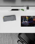 Anime mouse pad 14x10 inches in cool whites, steel gray, deep navy with warm ember sparks, premium vibe.