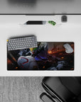 28x12 inches anime mouse pad in cool whites, steel gray, and deep navy with warm ember streaks.