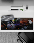 32x12 inches anime mouse pad in cool whites, steel gray, deep navy, with warm ember streaks and glow.