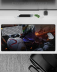 32x16 inches anime mouse pad in cool whites, steel gray, and navy with smoky sparks and ember streaks.