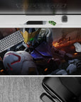 40x20 inches anime mouse pad in cool white, steel gray, deep navy with warm ember streaks, battle vibe.