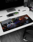 36x16 inches desk pad featuring Gundam Barbatos gold V-fin and glowing green eyes amid smoke and sparks.