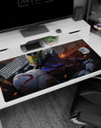 40x20 inches desk pad featuring Gundam Barbatos, gold V-fin and glowing green eyes amid smoke and sparks.