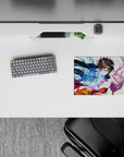 14x10 inches anime girl mouse pad in navy, hot magenta, and orange with swirling blue energy vibe.