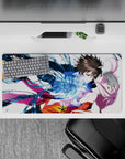 Anime girl mouse pad 32x16 inches in navy, magenta, and orange, romantic freefall vibe with neon swirls.