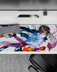 Romantic anime desk pad 36x16 inches in navy, hot magenta, and sunburst orange with high-action vibe.