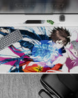 Vibrant anime desk pad 40x20 inches in navy, hot magenta, and sunburst orange, romantic action vibe.